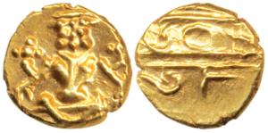 Krishna Raja Wodeyar, Gold Fanam, 0.38g, obv. Seated Narasimha; rev. Kanarese legend, Kant