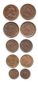 Rama Varma VI (ME 1062-1101, 1885-1924 AD), Copper Chukram, Cash and 4 Cash; Bala Rama Var