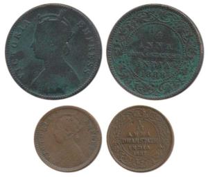 Dewas State Senior Branch, Anand Rao III, Copper ¼ Anna; Dhar, 1/12 Anna, Calcutta Mint, w