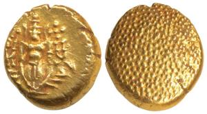 Negapatnam, Gold Pagoda, 3.35g, Lazy J with Lord Vishnu standing, facing front on obv., gr