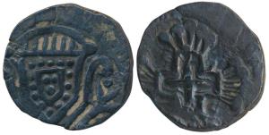 Diu, Peter II, Silver ½ Xerafim, 5.70g, crowned arms in branches on obv., voided floriated