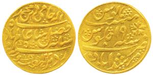 Murshidabad Mint, Gold ½ Mohur, 6.2g, in the name of Shah Alam II, AH 1202/19, oblique mil