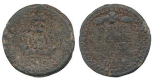 Tin 2 Pice, large crown and BOMB written below on obv., AUSFICIO/ REGI SET/ SENATUS/ ANGLI