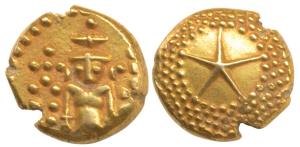 Star Gold Pagoda, 3.4g, single Swami (Balaji-Tirupati) standing facing front on obv., star