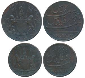 Copper 10 and 20 Cash, coat of arms of the EIC and date 1808 on obv., value in English on 