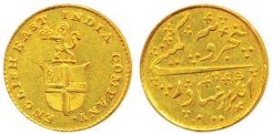 Gold Rupees 5 or 1/3 Mohur, 3.8g, company arms with a lion holding the crown on obv., No D