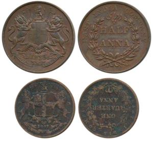Copper ½ Anna, 1835; Copper ¼ Anna, 1857, Wreath tips-double leaves, coat of arms of the E