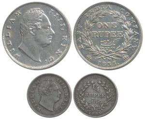 William IV, Silver Rupee and 1/4, 1835, Calcutta Mint, the first RS incuse. Very Fine+. (2