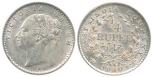 Victoria Queen, Silver ¼ Rupee, 1840, Calcutta Mint, continuous legend, Indian Head, 34 Be