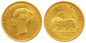Victoria Queen, Gold Mohur, 1841, continuous legend, without initial on truncation (Prid 1