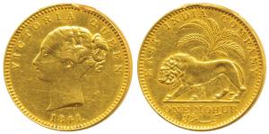 Victoria Queen, Gold Mohur, 1841, continuous legend, S incuse on truncation for Madras Min
