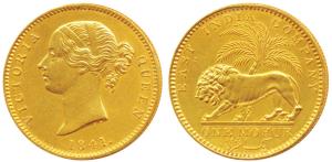 Victoria Queen, Gold Mohur, 1841, divided legend, WW incused on truncation (KM 462.1). Ext