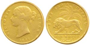 Victoria Queen, Gold Mohur, 1841, divided legend, WW incused on truncation (KM 462.1). Ex-