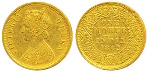 Victoria Queen, Gold Mohur, 1862, two flowers in bottom panel of jabot, V in Jabot (Prid 6