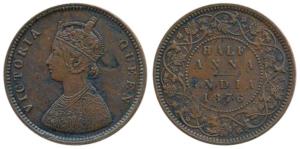 Victoria Queen, Copper ½ Anna, 1876, Calcutta Mint, obv. Bust B. Very Fine+, Very Rare.