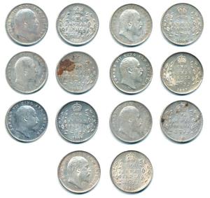 Edward VII, Silver 2 Annas (7), 1903, 1904, 1905, 1906, 1907, 1908 and 1910. Very Fine to 