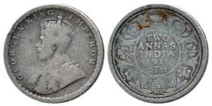 George V, Silver 2 Annas, 1911, Calcutta Mint. Fine+.