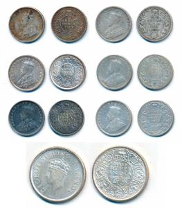 George V, Silver 2 Annas (6), 1912 (2), 1913 and 1915 (3); George VI, Silver ½ Rupee, 1938