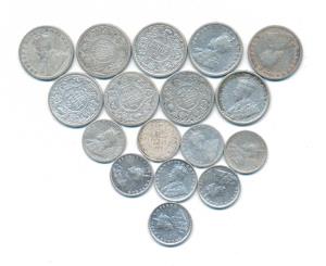 George V, Silver 2 Annas (8), 1913 (2), 1916 and 1917 (5); Silver ¼ Rupee (9), 1917, 1918 