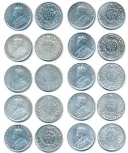 George V, Silver ½ Rupee (10), 1913, 1918, 1919 (2), 1924, 1925, 1928, 1936 (3). Very Fine