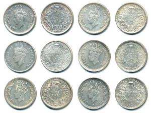 George VI, Silver and Half Silver ¼ Rupee (6), 1939, 1940, 1942, 1943, 1944 and 1945. Very