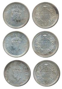George VI, Half Silver Rupee (3), 1944 and 1945 Lahore Mint; 1945 Bombay Mint. Extremely F