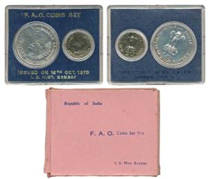 1970 Uncirculated Set, Food For All, set of 2, 20 Paise and Rupees 10. In near immaculate 