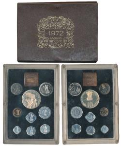 1972 Proof Set, 25th Anniversary Indian Independence, set of 9, 1 Paisa to Rupees 10. In i