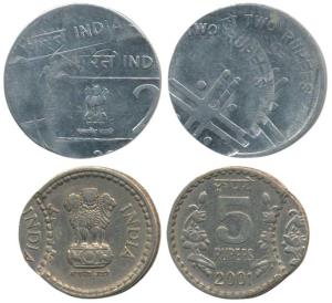 Cupro-Nickel Rupees 5, 2001; Steel Rupees 2, 2005, Error, both double struck on both sides