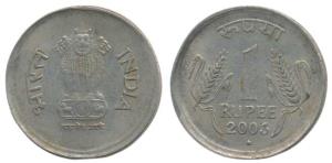 Cupro-Nickel Rupee 1, Off Metal Strike (OMS) instead of Steel, 2003. Very Fine+, Rare.