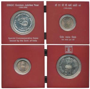 2006 ONGC set in a folding wooden case, set of 2, Rupees 5 and 50. In immaculate condition