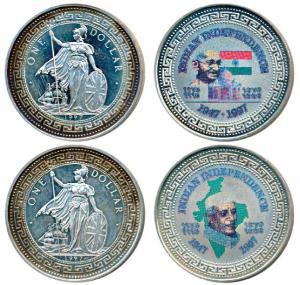 Silver Dollar, 28.56g, Commemorating Indian Independence, Coloured coins each with the bus