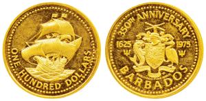 Barbados, Gold $100, 6.21g, 0.50 fineness, 350th Anniversary with coat of arms on obv., 19