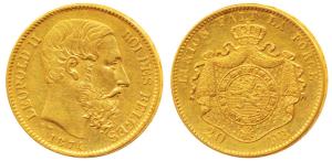 Belgium, Leopold II, Gold 20 Francs, 6.5g, 1874 (KM 37). Extremely Fine.
