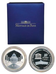 France, Taj Mahal on obv., Silver $10, 22.2g. Proof, in original box of issue.