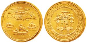 Jamaica, Gold $20, 15.8g, 0.50 fineness, 10th Anniversary of Independence, map of the isla