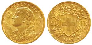 Switzerland, Gold 20 Francs, 6.45g, 1927B (KM 35.2). Extremely Fine.