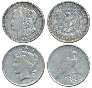 United States of America, Silver Morgan Dollar, 1921, and Peace Dollar, 1923. Very Fine an