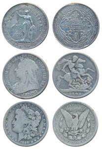 Assorted lot of World Silver Crowns (3), Great Britain, Trade Dollar, 1902; Great Britain,
