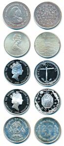 Assorted lot of World Silver Crowns (5), British Virgin Islands, Silver 20 Dollars (2), 19