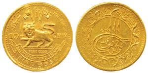 Tola coinage Type, Ali Mohamad Irani, Gold 10g, Lion holding a sword, with name of the com