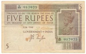 George V, Rupees 5, 1st issue, 1925, signed J. B. Taylor, (J&R 4.2). Slight staining, Very