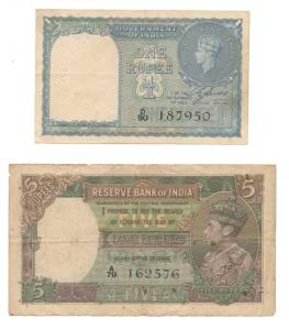 George VI, Rupees 5, 1st Issue, 1938, signed J. B. Taylor; Rupee 1, 1940, signed C. E. Jon