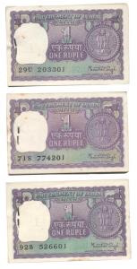 Rupee 1 bundle, 1977, 1978 and 1980 (3), signed Manmohan Singh, (IPM A-37, 38 & 40). Uncir