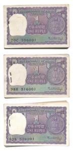 Rupee 1 bundle, 1978 (3), signed Manmohan Singh, inset A, (IPM# A-38). Uncirculated. (300)