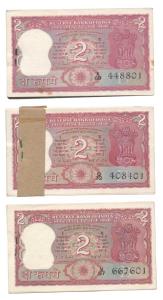 Rupees 2 bundle (3), signed I. G. Patel, inset B, tiger on rev. (IPM B-16). Uncirculated. 