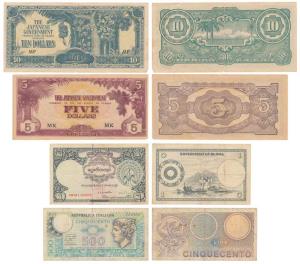Burma, Government of Burma, Rupee 1; Italy, Republica Italiana, Cinque (500) Cento; Japan,