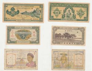 French India, Banque De L’Indochine, Une (One), Cinq (Five) and Vingt (Twenty) Piastres. F
