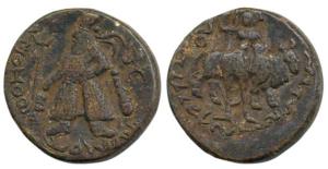 Kushanas, Vima Kadphises (AD 100-127/8), Copper Unit, 14.59g, king standing facing head le