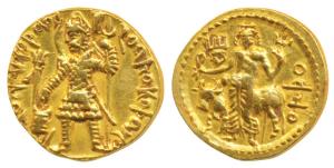 Kushanas, Vasudeva (c. AD 192-225), Gold Dinar, 8g, obv. king nimbate standing left, holdi
